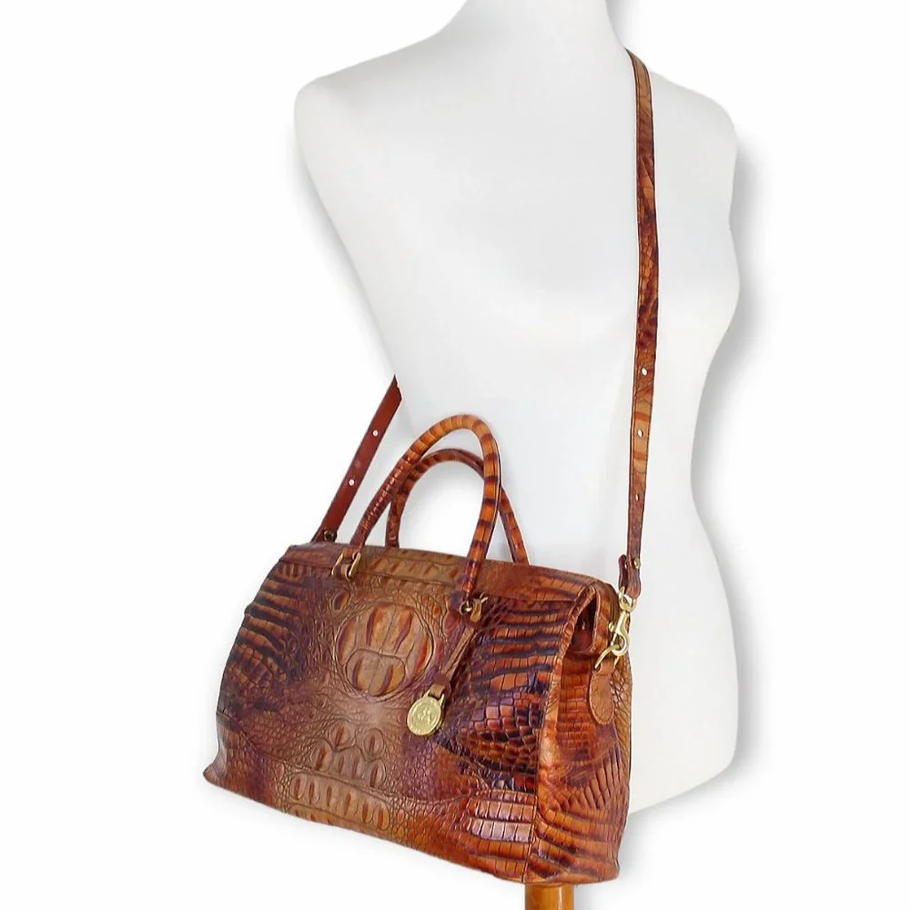 Vtg Brahmin Toasted Melbourne Stacy Crossbody Bag Croc Embossed Leather Brass - Picture 2 of 16